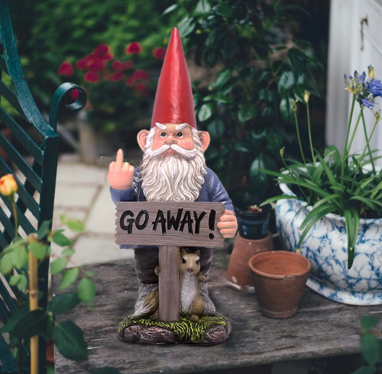 GARDEN GNOME STATUE WITH 'GO AWAY' SIGN – FUNNY OUTDOOR DECOR