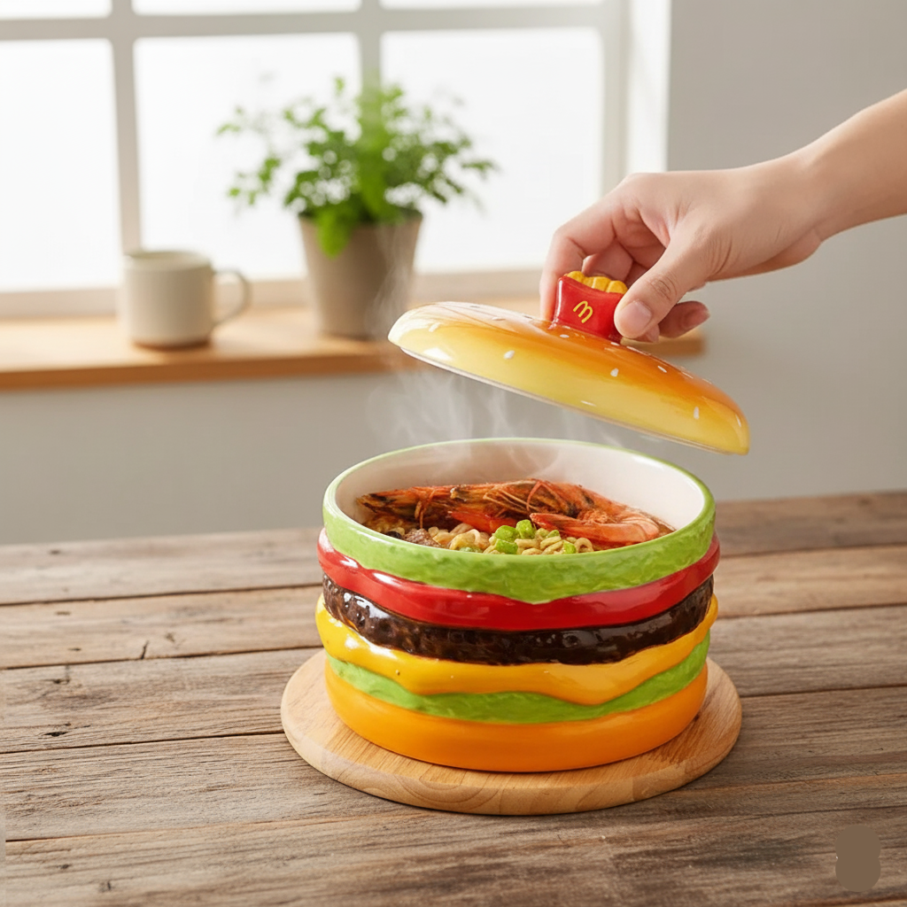 Burger-Shaped Ceramic Soup Bowl with Lid
