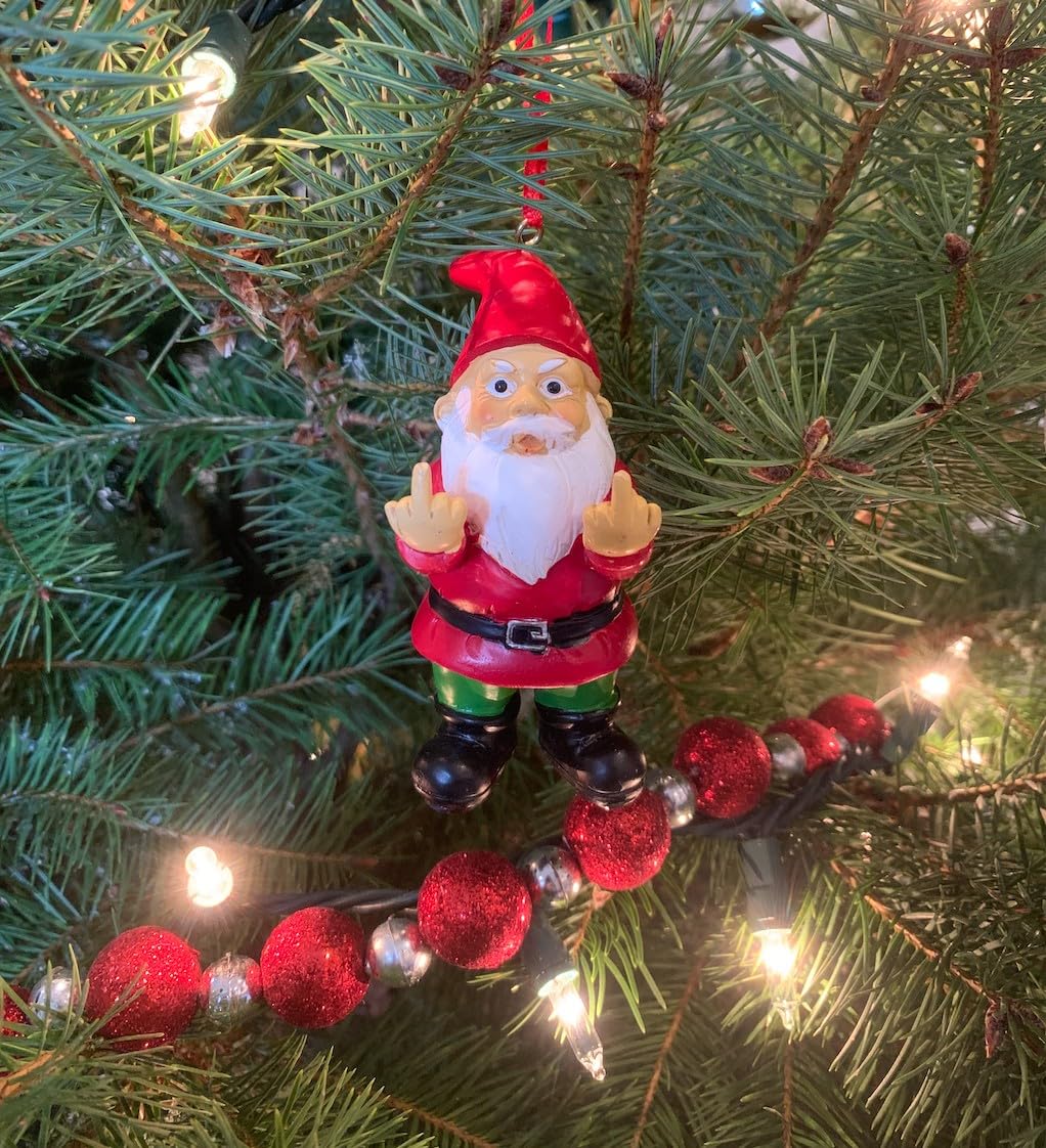 Flipping Off Gnome Christmas Ornament