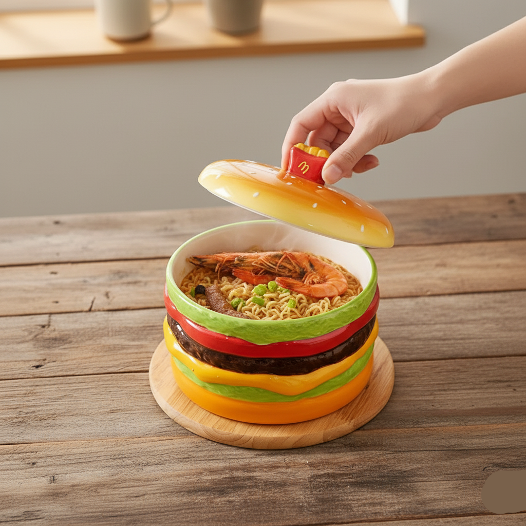 Burger-Shaped Ceramic Soup Bowl with Lid