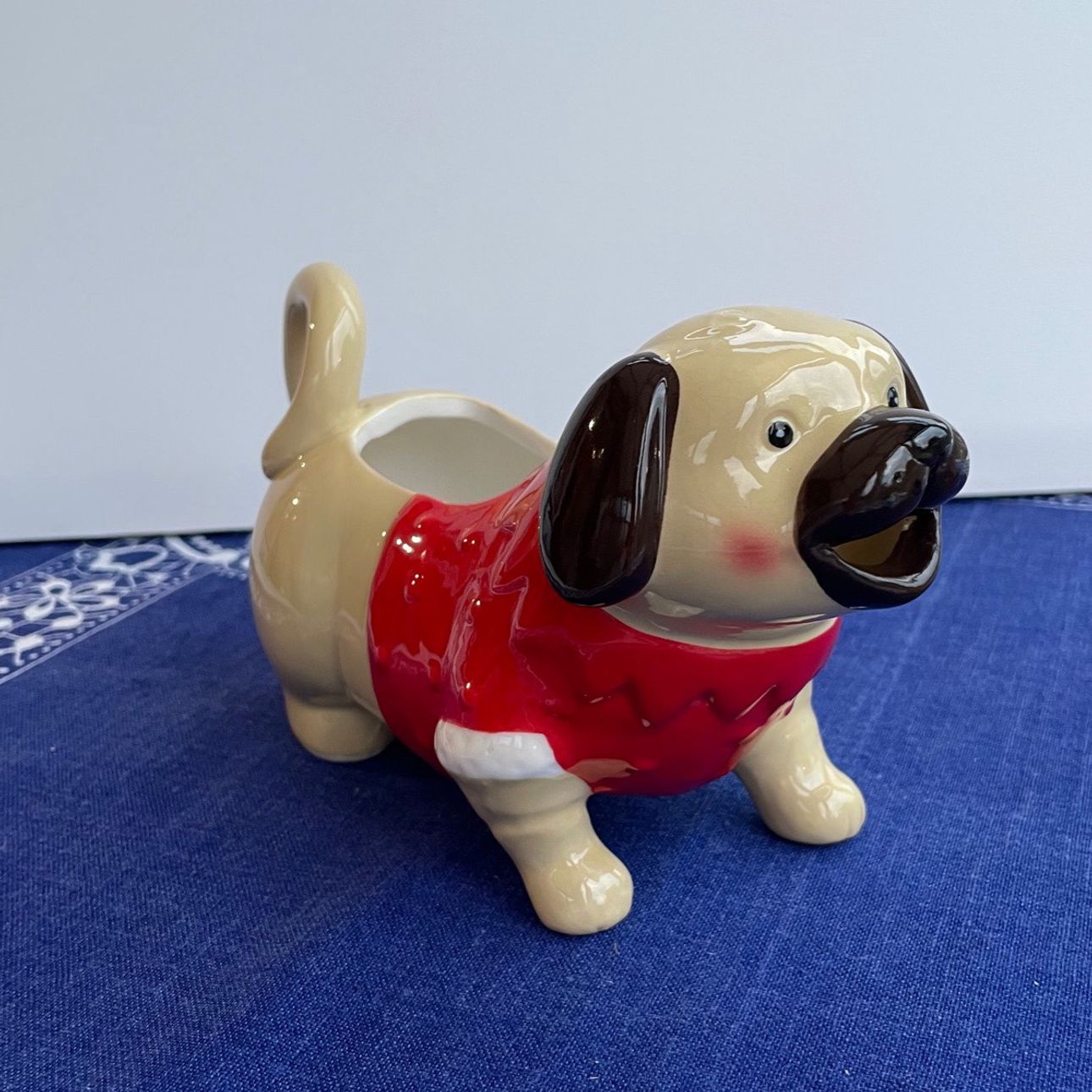 Novelty Ceramic Gravy Boat Pug Dog in Red Jumper