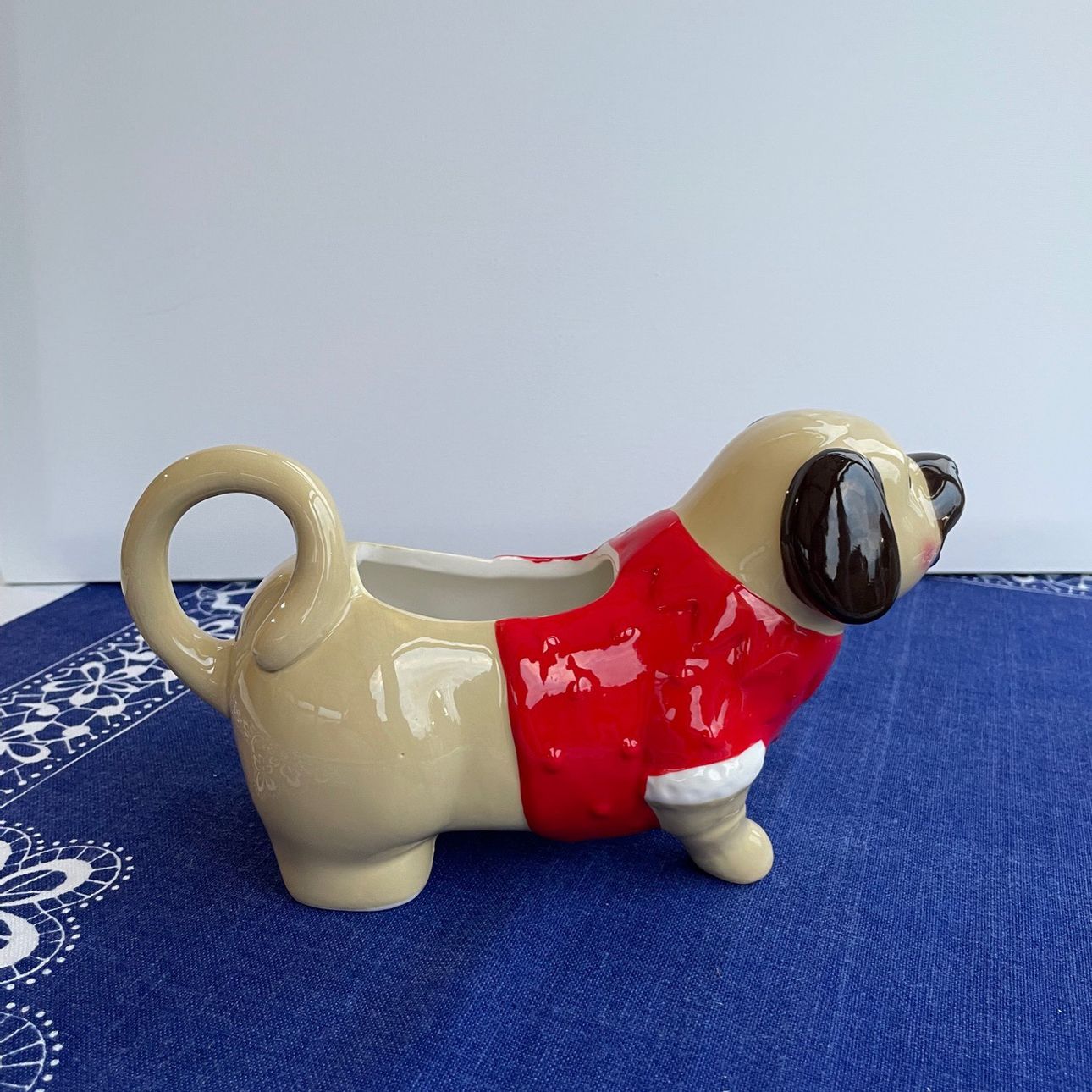 Novelty Ceramic Gravy Boat Pug Dog in Red Jumper