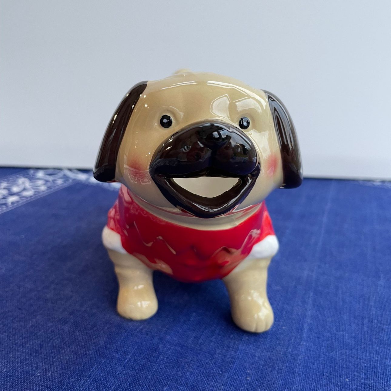 Novelty Ceramic Gravy Boat Pug Dog in Red Jumper