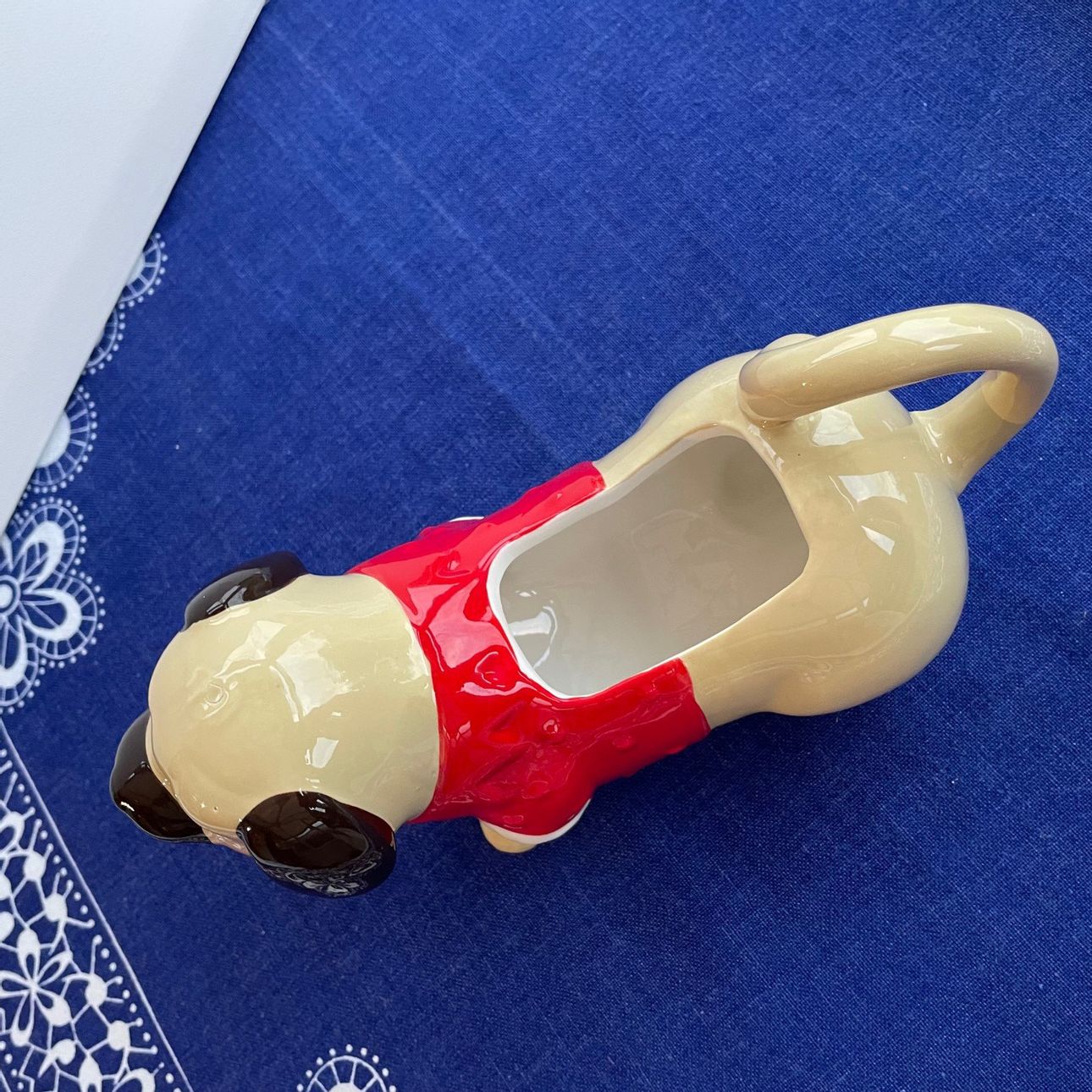 Novelty Ceramic Gravy Boat Pug Dog in Red Jumper