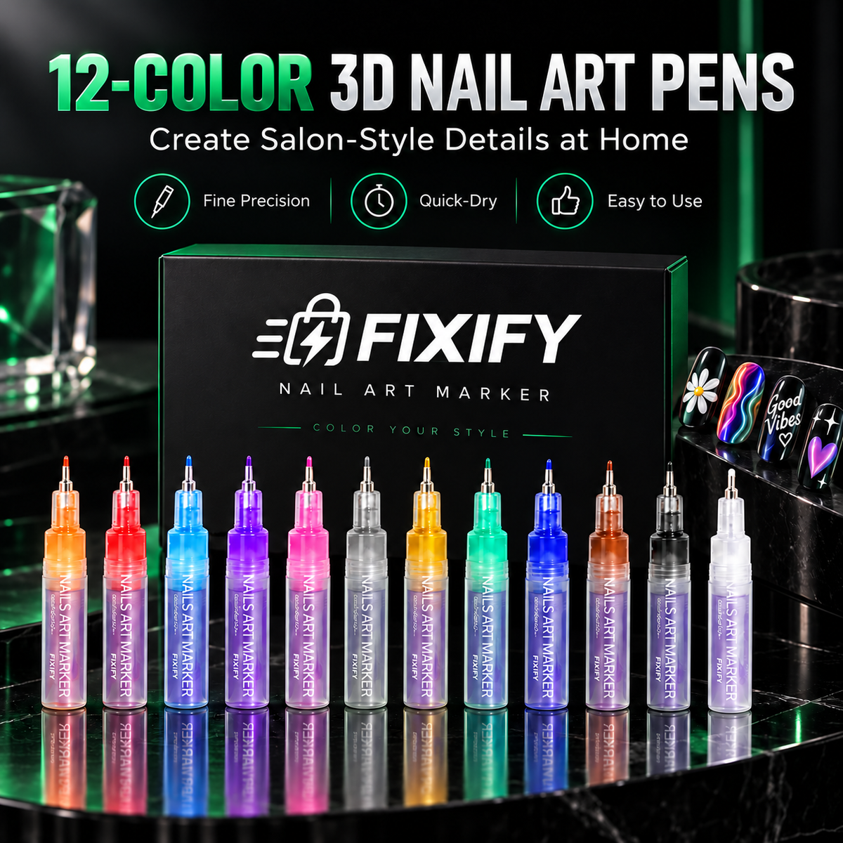 12 Colors 3D Nail Art Pens